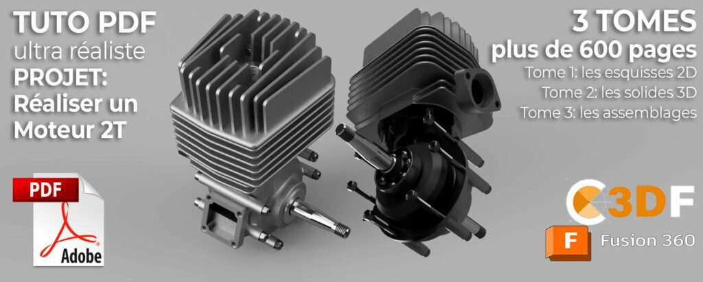 Image du projet complet de modélisation d'un moteur 2 temps avec Fusion 360, composé de trois tomes PDF. Le Tome 1 aborde les esquisses 2D, le Tome 2 se concentre sur la modélisation 3D des pièces (piston, bielle, etc.), et le Tome 3 montre l'assemblage fonctionnel des pièces. Disponible à l'achat individuel ou en pack avantageux. Plus de 600 pages de contenu détaillé.