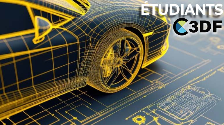 Projet Étudiant : Modéliser en 3D un concept car futuriste en CAO, montrant des lignes aérodynamiques et une conception innovante C3DF