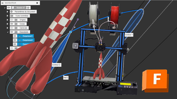 Cours Fusion 360 (fusée Tintin et Milou) montrant la conception d'un modèle 3D en deux couleurs, avec des pièces distinctes prêtes à être imprimées en bi-couleur.